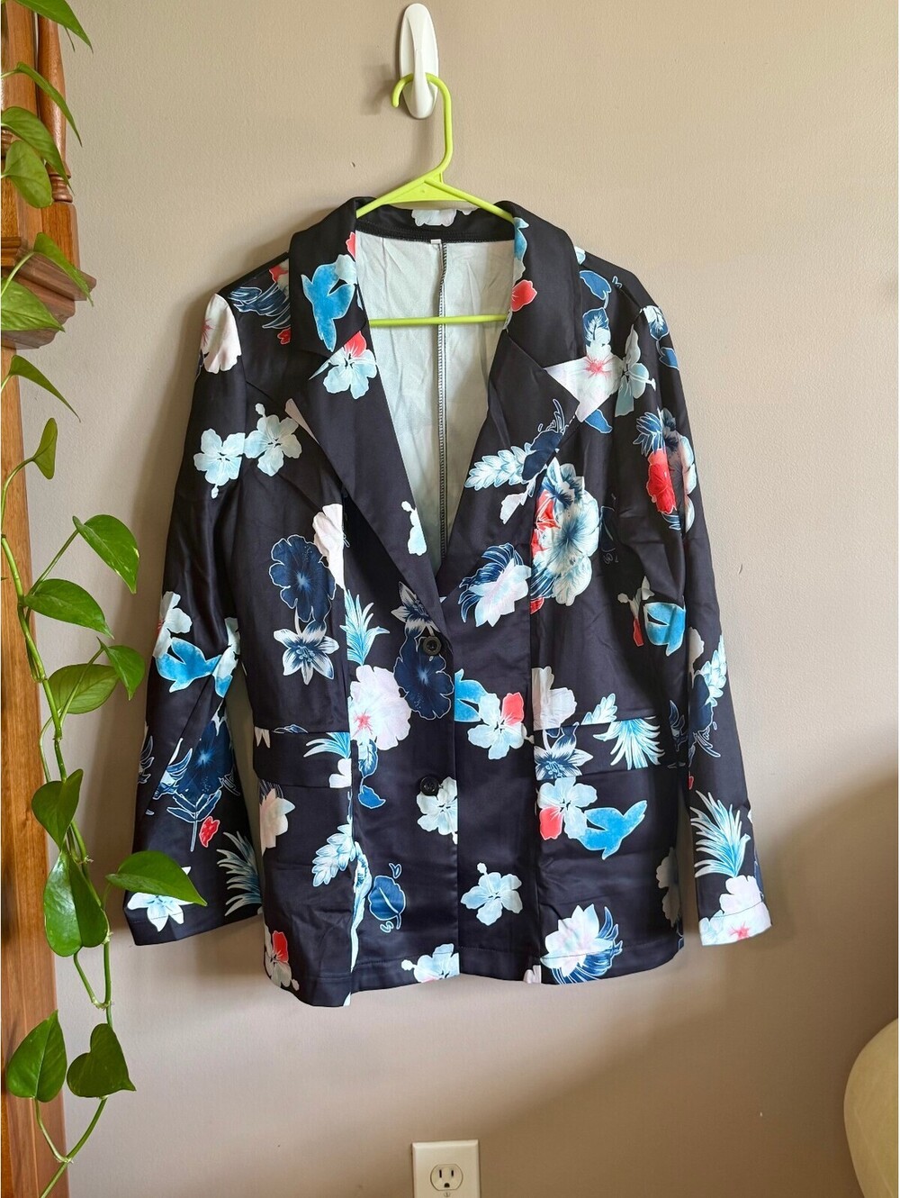 Women’s Large Black Floral Blazer Blue Red White Tropical Print Jacket
